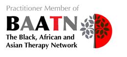 Text reads "Practitioner Member f BAATN The Black, African and Asian Therapy Network"
Beside this is the BAATN logo, a grey tree on a half white half red circle.