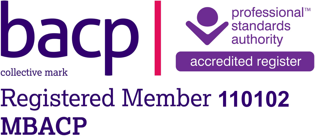 BACP logo showing I am a registered member: blue and purple text on white background, text reads:
"bacp collective mark | professional standards authority accredited register
Registered Member 110102
MBACP"